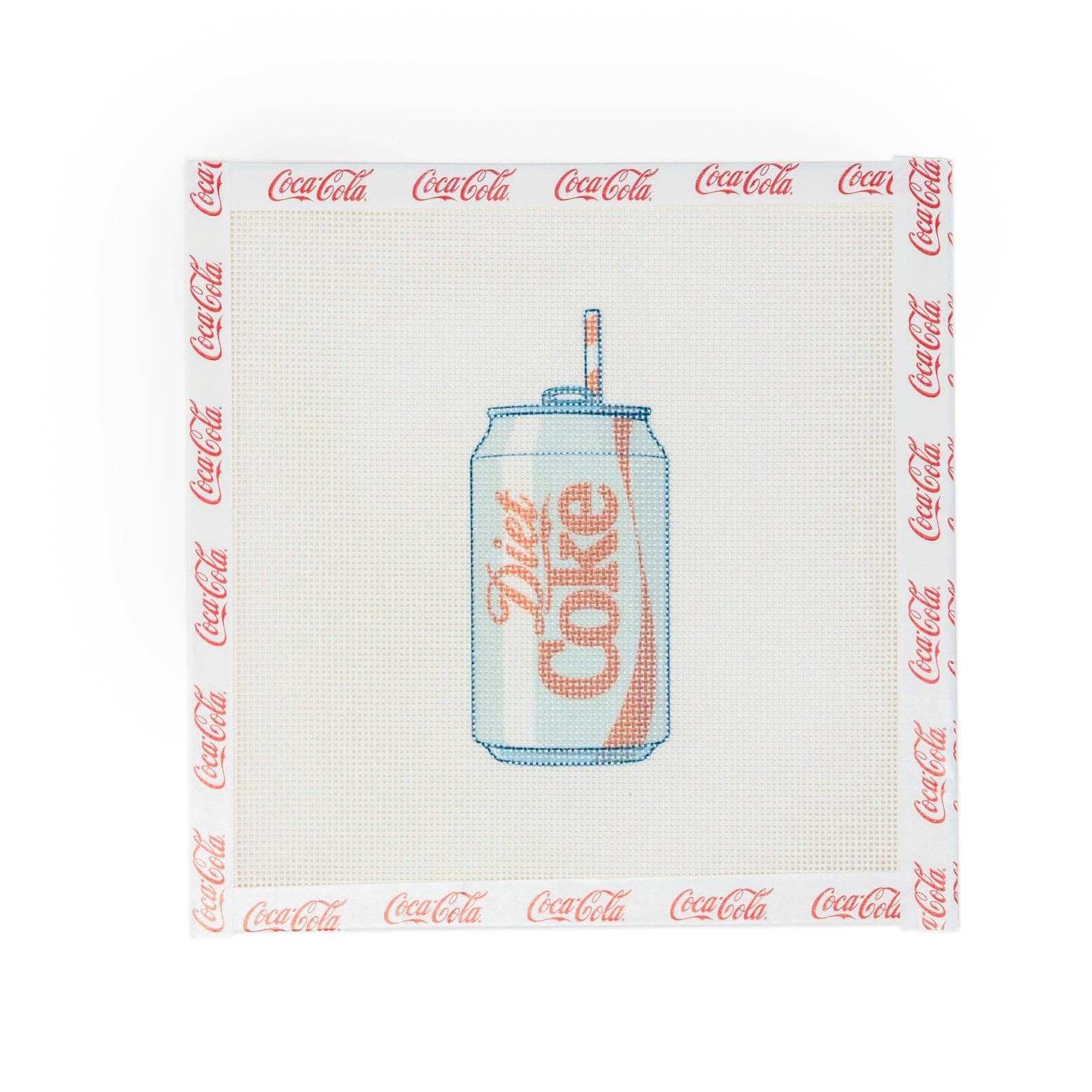 diet coke needlepoint, coca cola licensed needlepoint, soda can needlepoint canvas, pop culture stitch project, handpainted coca cola canvas, diet coke décor gift, licensed needlepoint design, diy coke stitch