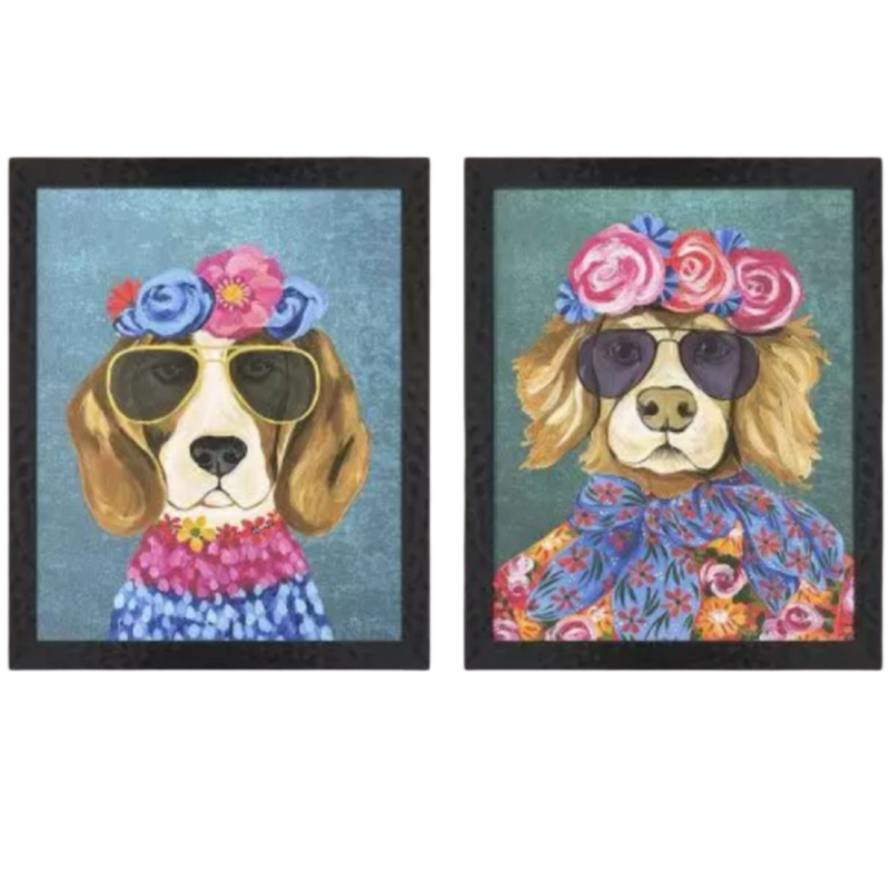 Two framed illustrations of dogs wearing sunglasses and floral headbands on a white background.
