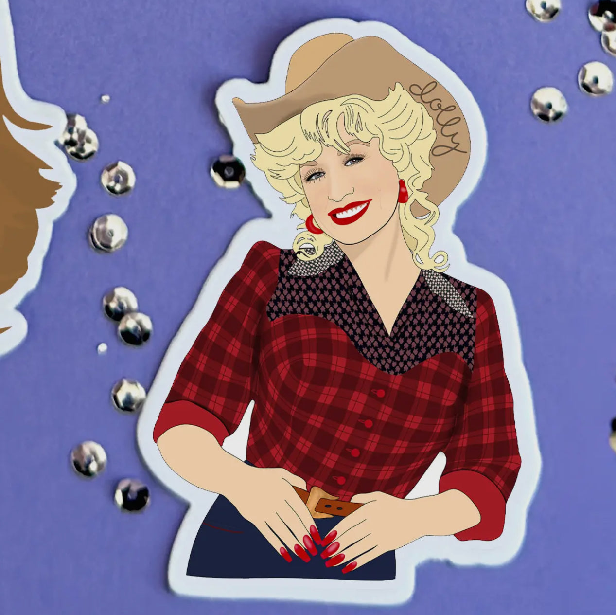 dolly parton rhinestone sticker red plaid shirt dollywood