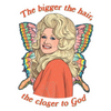 Illustration of a person with large hair and colorful butterfly wings, with text above and below.