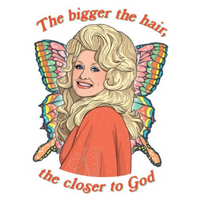 Illustration of a person with large hair and colorful butterfly wings, with text above and below.