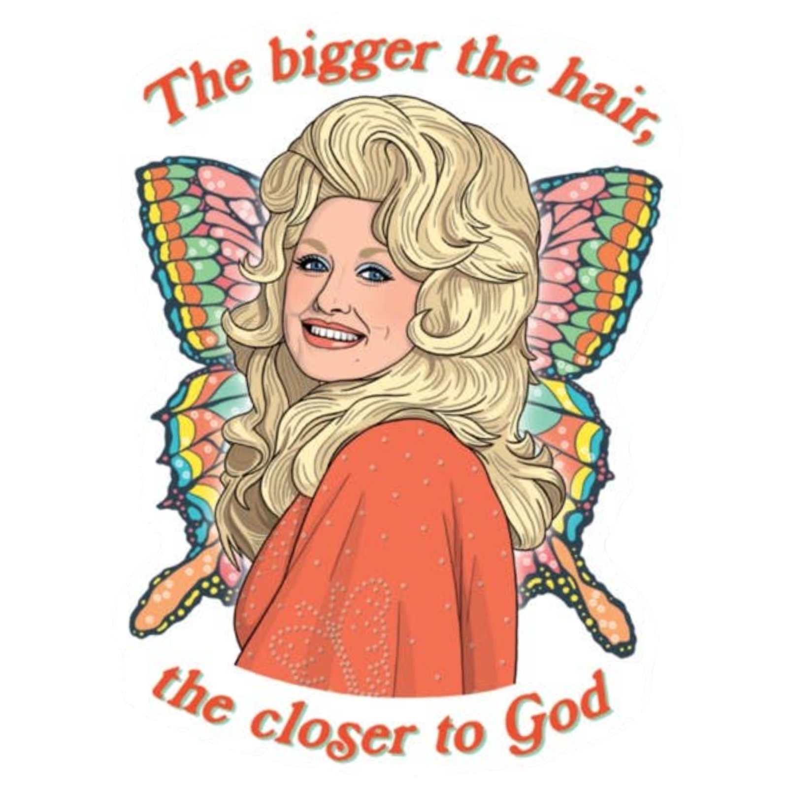 Illustration of a person with large hair and colorful butterfly wings, with text above and below.