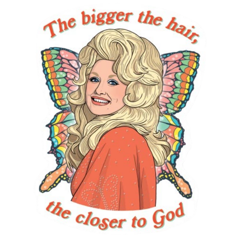 Illustration of a person with large hair and colorful butterfly wings, with text above and below.