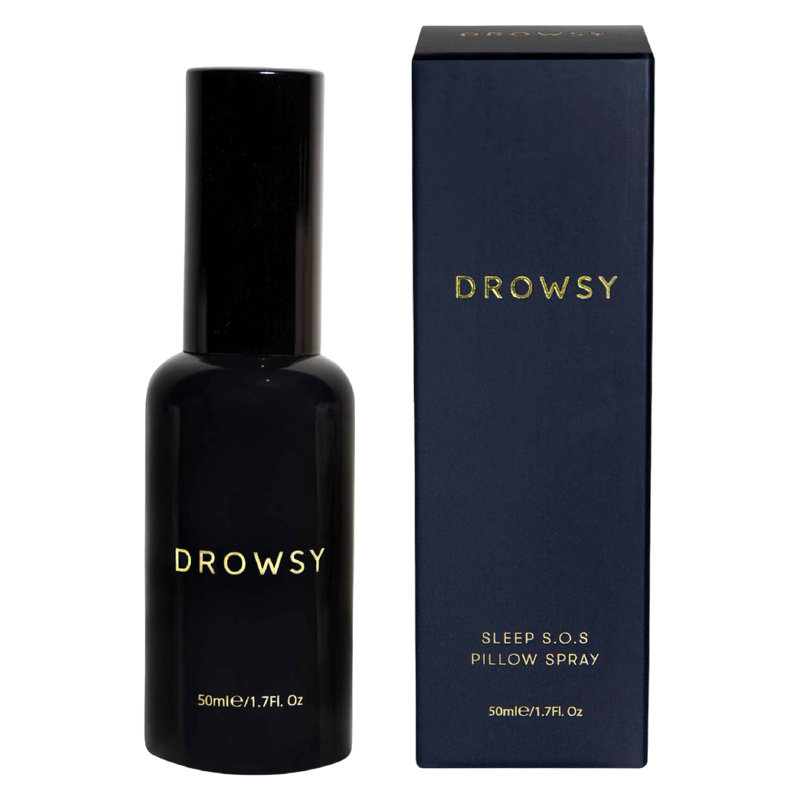 Drowsy Sleep S.O.S Pillow Spray bottle and packaging on a white background