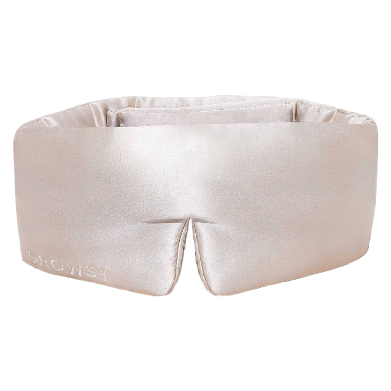drowsy sleep mask, silk sleep mask, gold silk mask, dusty gold sleep mask, mulberry silk eye mask, blackout sleep mask, padded sleep mask, beauty sleep essentials, nighttime skincare tools, luxury sleep accessories, travel sleep mask, wellness essentials
