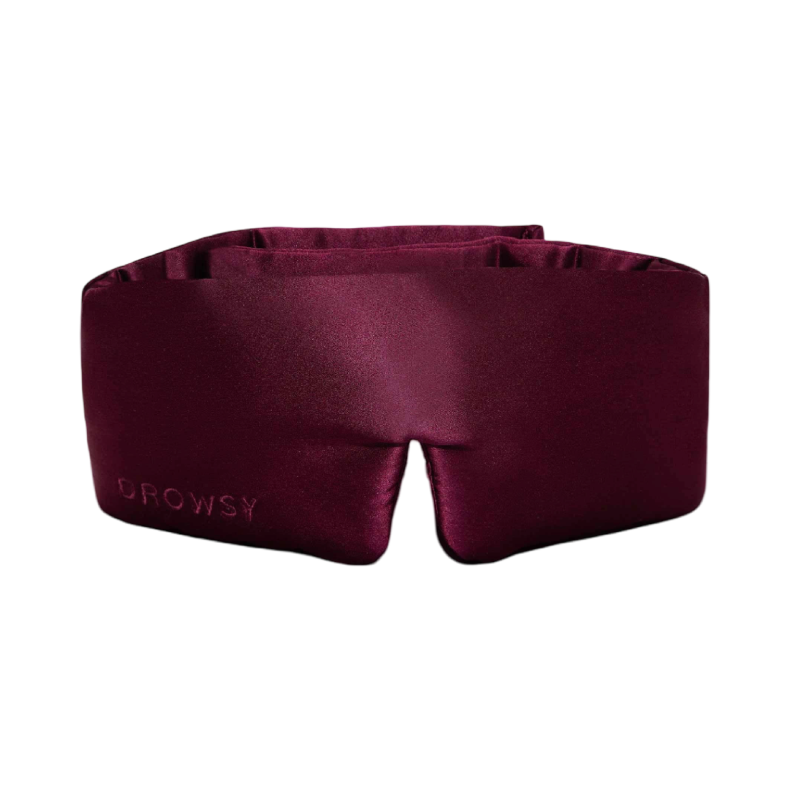 Maroon sleep mask with 'Drowsy' branding on a white background