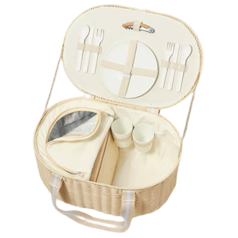 eco-friendly picnic basket, sustainable picnic set, reusable picnic set with plates and cups, basket with insulated compartment, vegetable-based plastic picnicware, stylish picnic basket, 37L picnic hamper, portable picnic set, dishwasher safe picnic basket, outdoor entertaining essentials