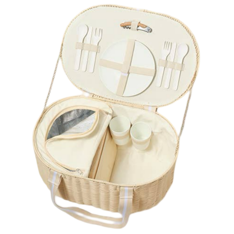 eco-friendly picnic basket, sustainable picnic set, reusable picnic set with plates and cups, basket with insulated compartment, vegetable-based plastic picnicware, stylish picnic basket, 37L picnic hamper, portable picnic set, dishwasher safe picnic basket, outdoor entertaining essentials
