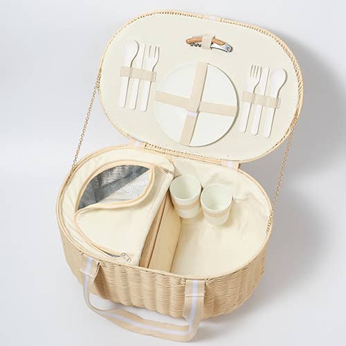 eco-friendly picnic basket, sustainable picnic set, reusable picnic set with plates and cups, basket with insulated compartment, vegetable-based plastic picnicware, stylish picnic basket, 37L picnic hamper, portable picnic set, dishwasher safe picnic basket, outdoor entertaining essentials