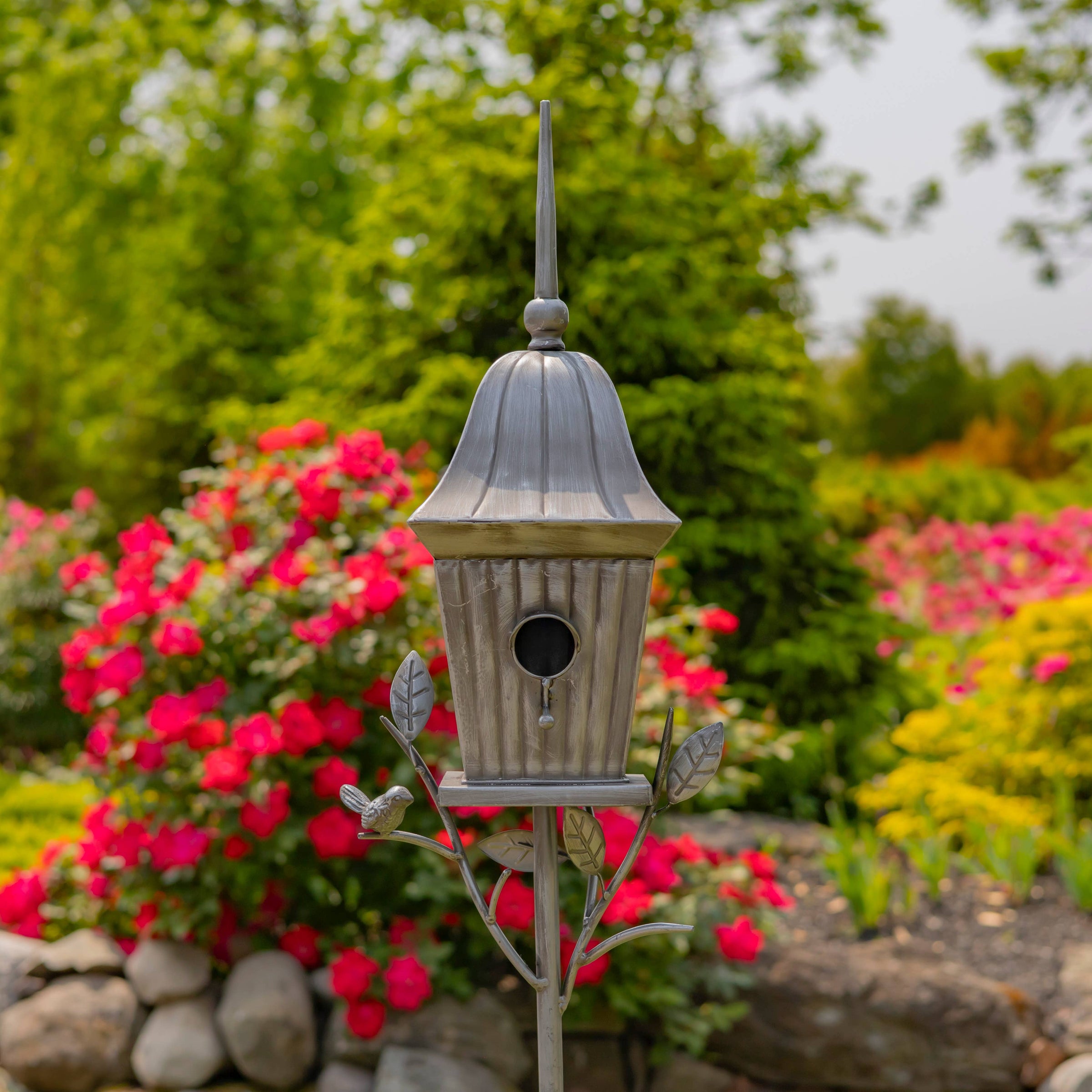 65.5" Tall Iron Birdhouse Stake "Riga"- 2 Color Options: Silver