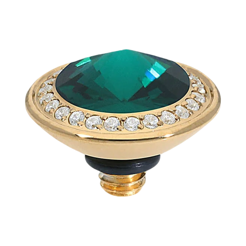 QUDO Tondo Deluxe Top 0.35, QUDO Green and Golden Collection, interchangeable jewelry, crystal topper, green crystal jewelry, golden crystal jewelry, QUDO topper, interchangeable ring topper, stackable jewelry, Swarovski crystal jewelry, luxury fashion jewelry, collectible jewelry, boutique jewelry, interchangeable bracelet topper, colorful crystal jewelry, statement jewelry, QUDO jewelry collection
