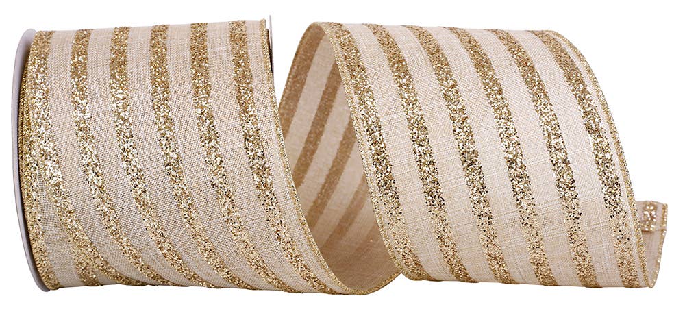 Glitter Stripes Linen Wired, Natural/gold, 4 In, 10 Yards
