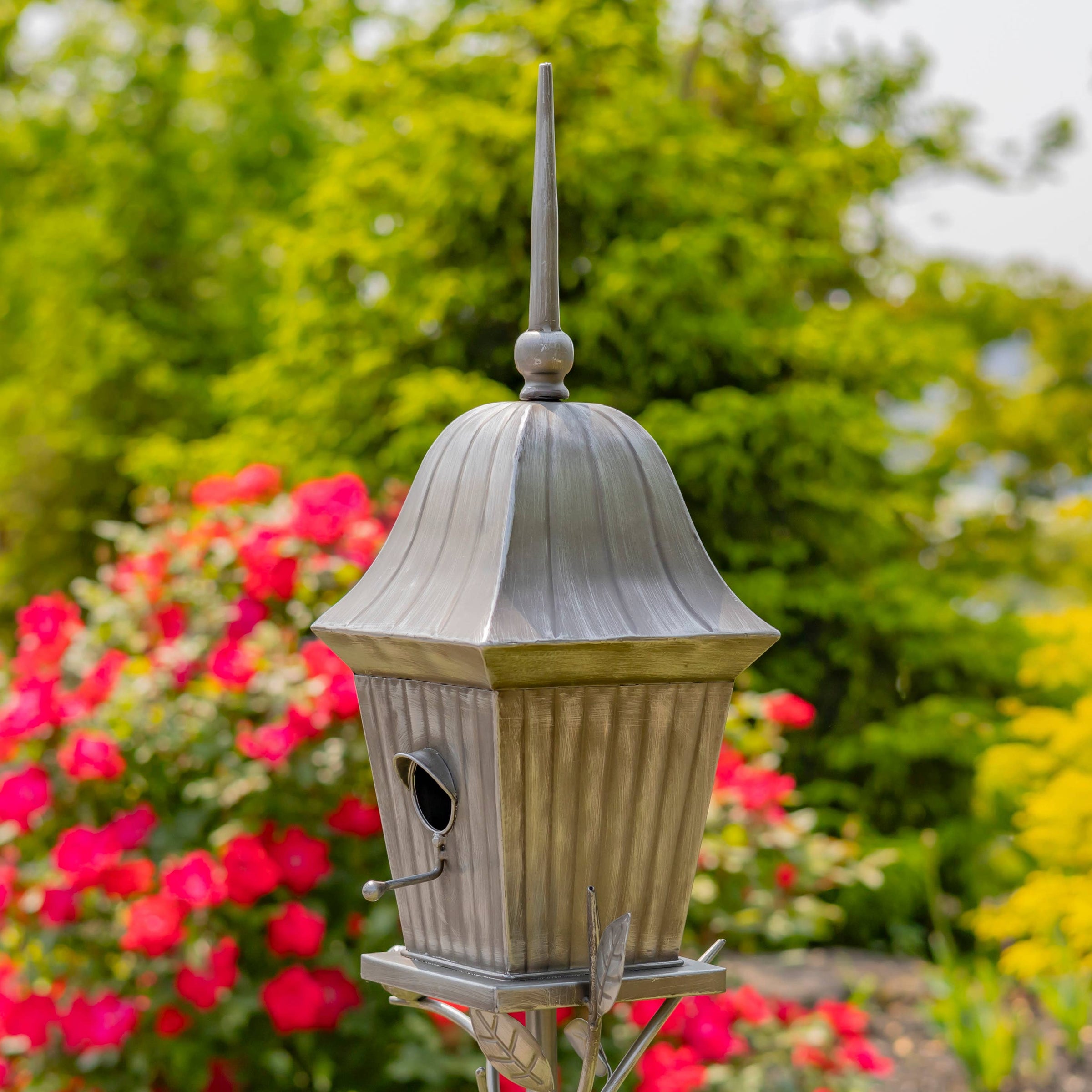 65.5" Tall Iron Birdhouse Stake "Riga"- 2 Color Options: Silver