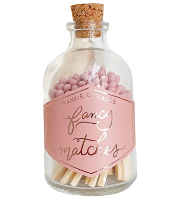 fancy matches, dusty rose match jar, custom colored matches, corked glass jar, match-striker, decorative match jar, home decor, luxury matches, elegant match jar, gift idea, match jar with striker, unique match jar, 