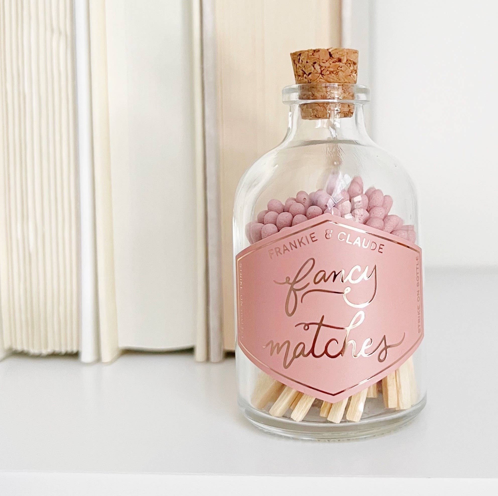 fancy matches, dusty rose match jar, custom colored matches, corked glass jar, match-striker, decorative match jar, home decor, luxury matches, elegant match jar, gift idea, match jar with striker, unique match jar, 