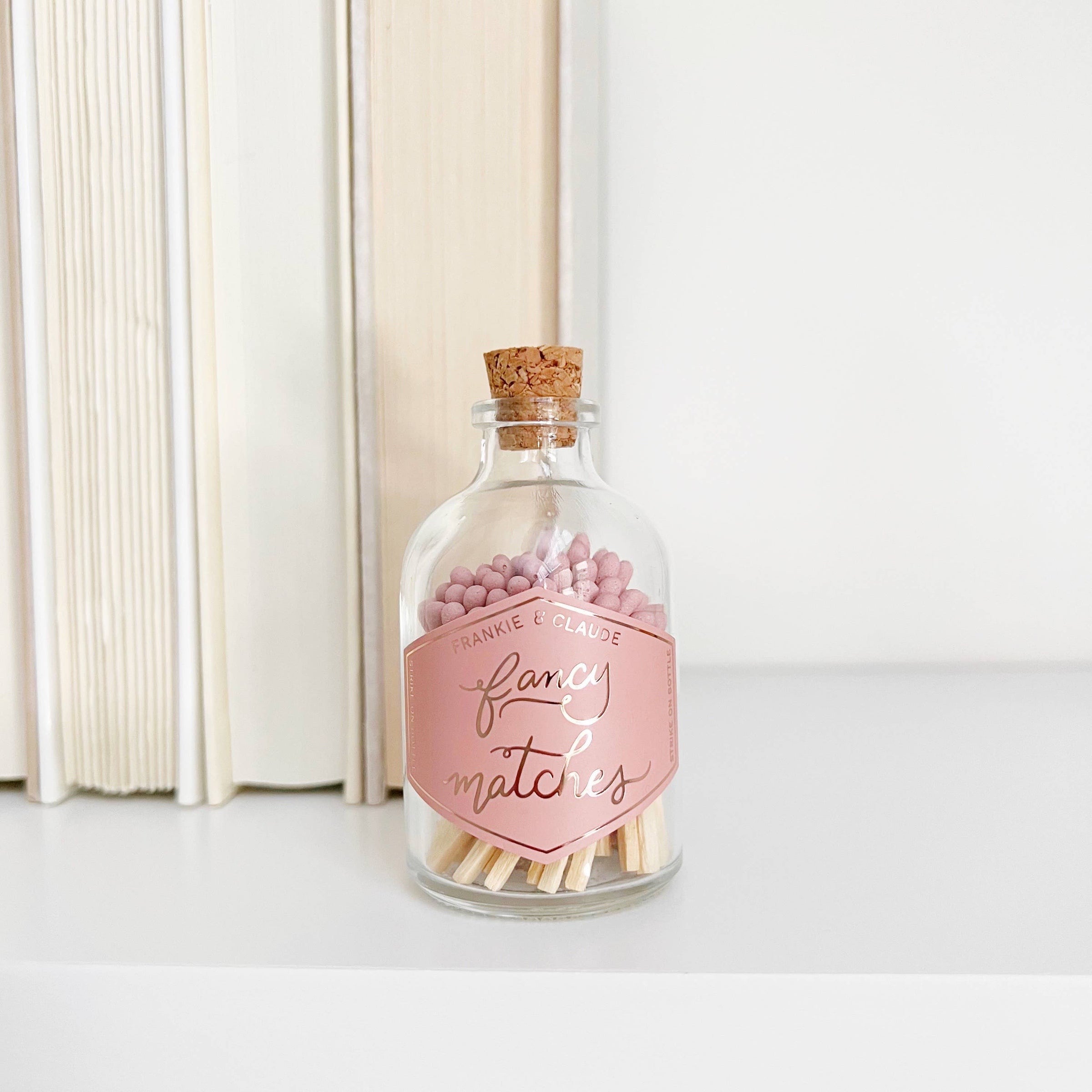fancy matches, dusty rose match jar, custom colored matches, corked glass jar, match-striker, decorative match jar, home decor, luxury matches, elegant match jar, gift idea, match jar with striker, unique match jar, 