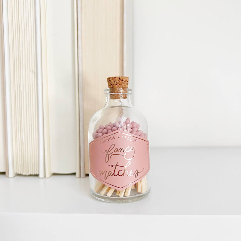 fancy matches, dusty rose match jar, custom colored matches, corked glass jar, match-striker, decorative match jar, home decor, luxury matches, elegant match jar, gift idea, match jar with striker, unique match jar, 
