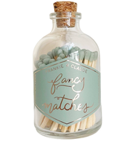 fancy matches, sage green match jar, custom colored matches, corked glass jar, match-striker, decorative match jar, home decor, luxury matches, elegant match jar, gift idea, match jar with striker, unique match jar, hand-filled matches, gold foil label