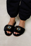 BEADED EVIL EYE SLIPPERS: Black