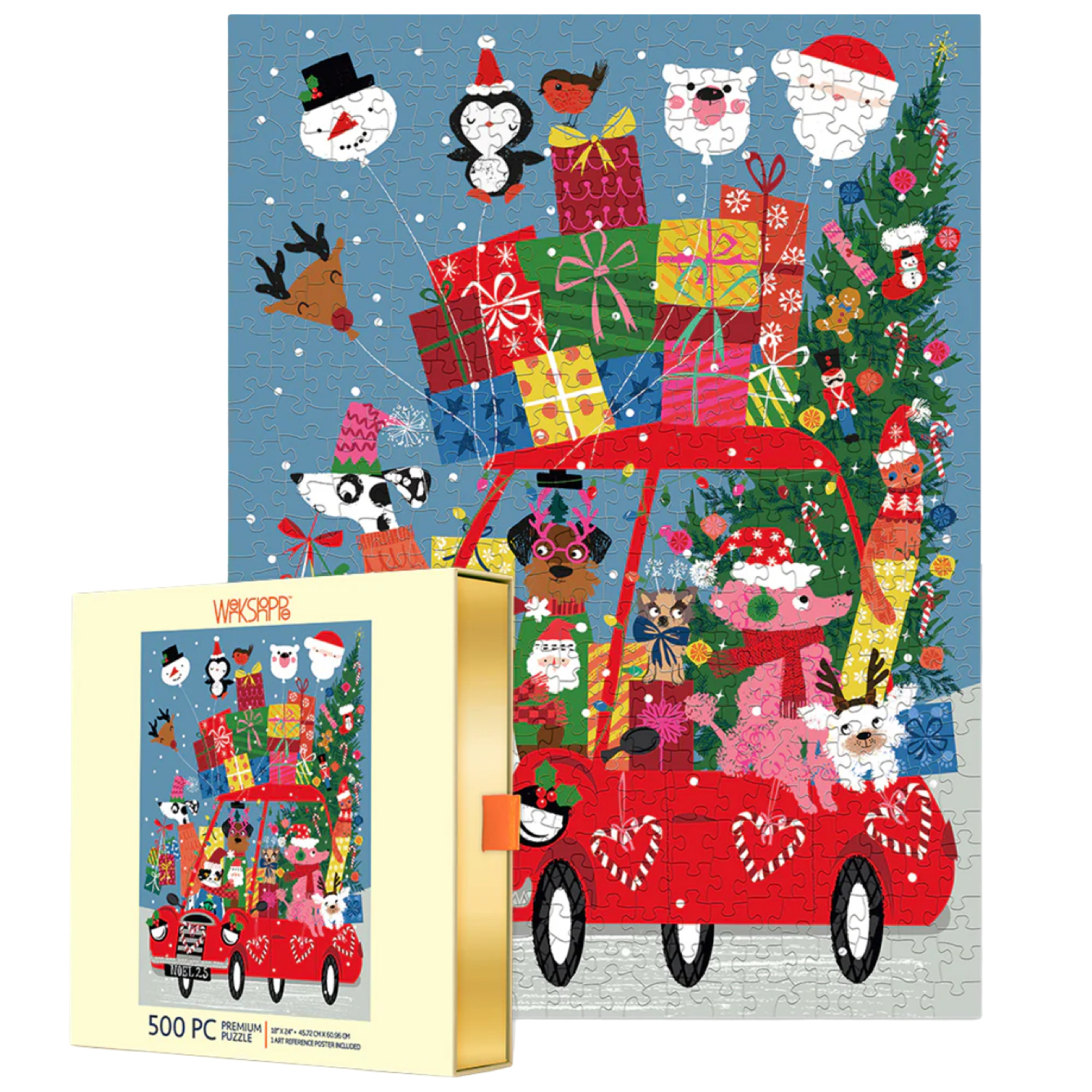Christmas-themed puzzle with a red truck, presents, and festive animals on a blue background.