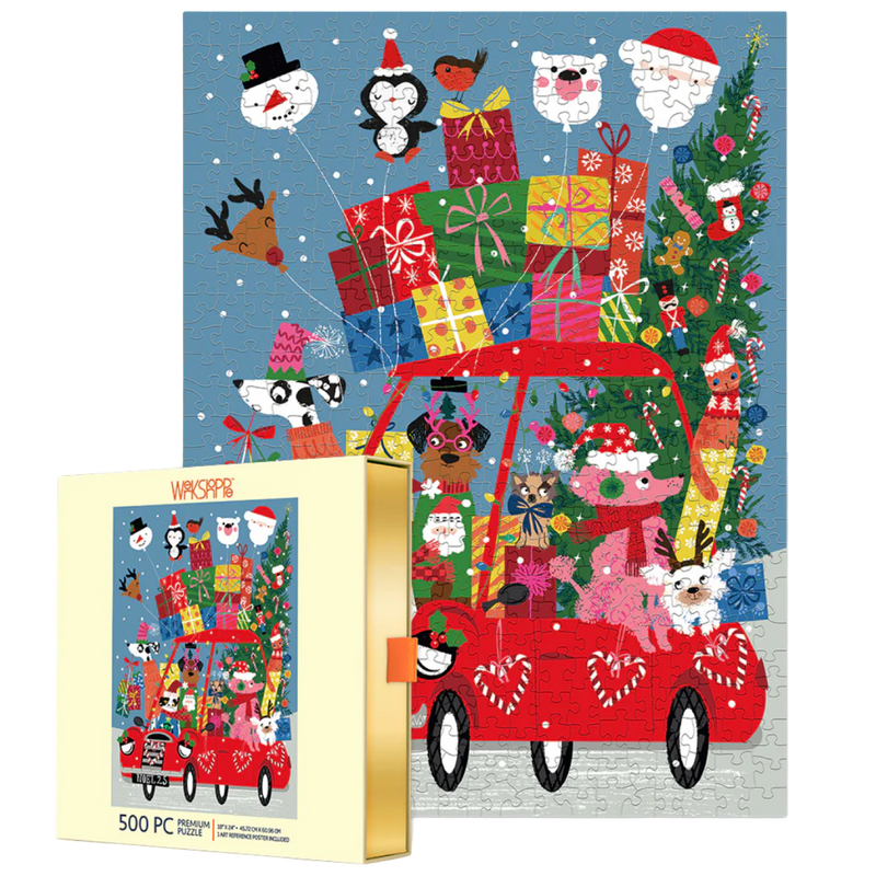 Christmas-themed puzzle with a red truck, presents, and festive animals on a blue background.