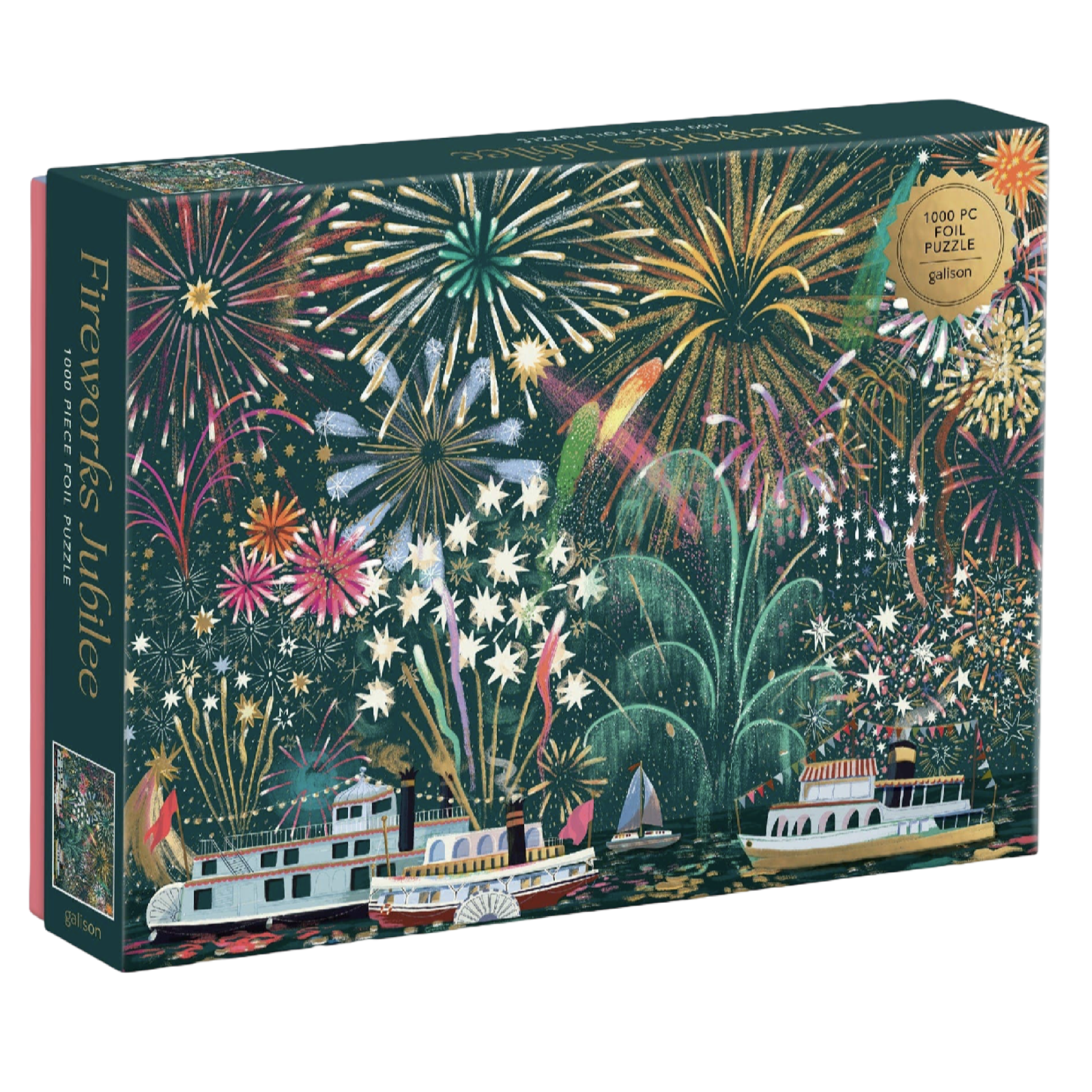 Jigsaw puzzle box with fireworks and boats design on a white background
