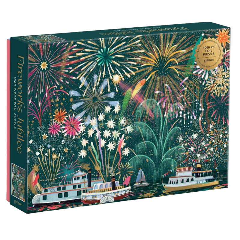 Jigsaw puzzle box with fireworks and boats design on a white background
