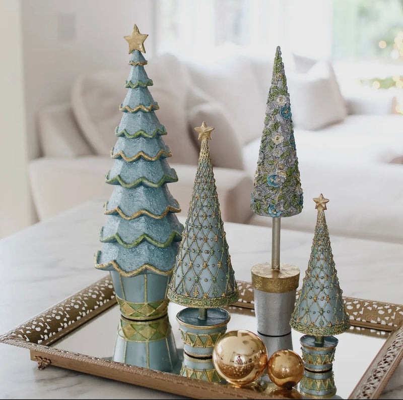 fleur de lis holiday tree, dekorasyon blue haze tree, tabletop christmas tree, collectible cone tree, decorative holiday tree with drum base, hand painted christmas décor, pastel blue holiday tree, gold fleur de lis christmas