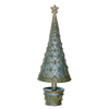 fleur de lis holiday tree, dekorasyon blue haze tree, tabletop christmas tree, collectible cone tree, decorative holiday tree with drum base, hand painted christmas décor, pastel blue holiday tree, gold fleur de lis christmas