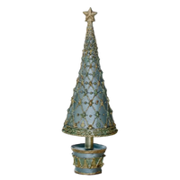 fleur de lis holiday tree, dekorasyon blue haze tree, tabletop christmas tree, collectible cone tree, decorative holiday tree with drum base, hand painted christmas décor, pastel blue holiday tree, gold fleur de lis christmas