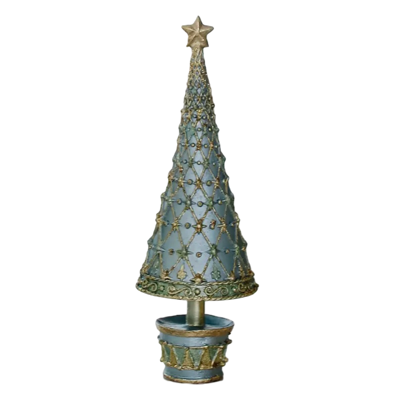 fleur de lis holiday tree, dekorasyon blue haze tree, tabletop christmas tree, collectible cone tree, decorative holiday tree with drum base, hand painted christmas décor, pastel blue holiday tree, gold fleur de lis christmas