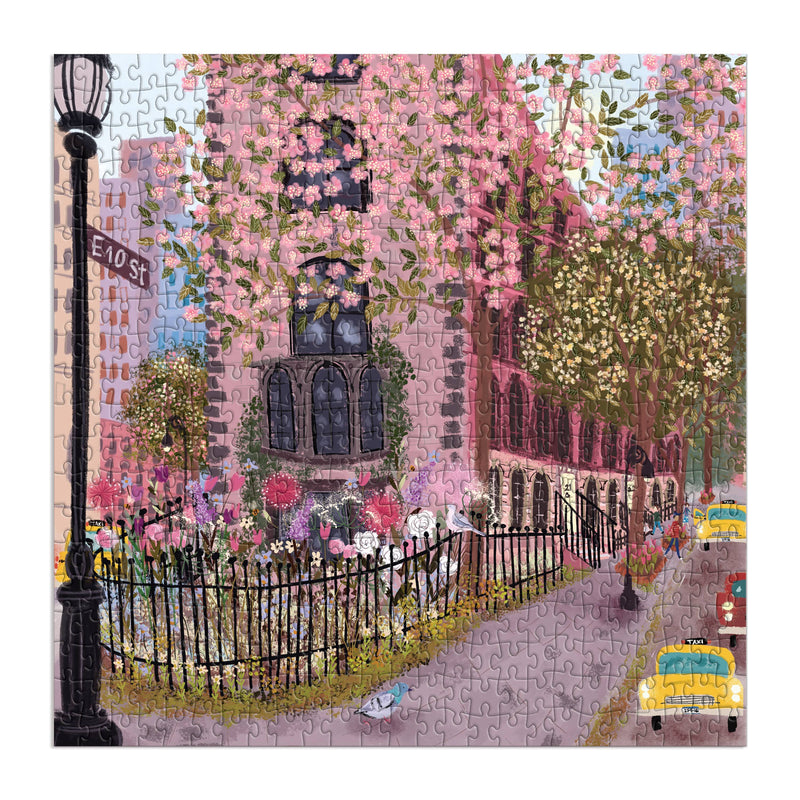 floral NYC puzzle, Blooming Streets puzzle, Galison 500 piece puzzle, illustrated city puzzle, springtime puzzle, urban floral puzzle, New York jigsaw, puzzle gift for adults, eco-friendly puzzle, scenic street puzzle