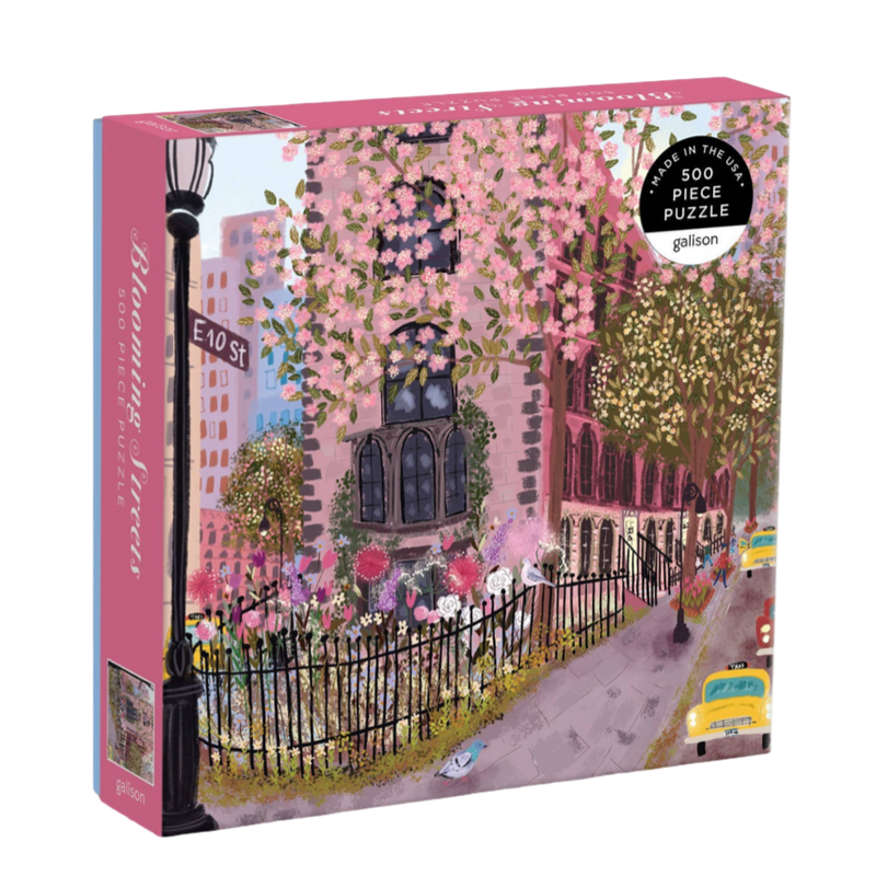 floral NYC puzzle, Blooming Streets puzzle, Galison 500 piece puzzle, illustrated city puzzle, springtime puzzle, urban floral puzzle, New York jigsaw, puzzle gift for adults, eco-friendly puzzle, scenic street puzzle
