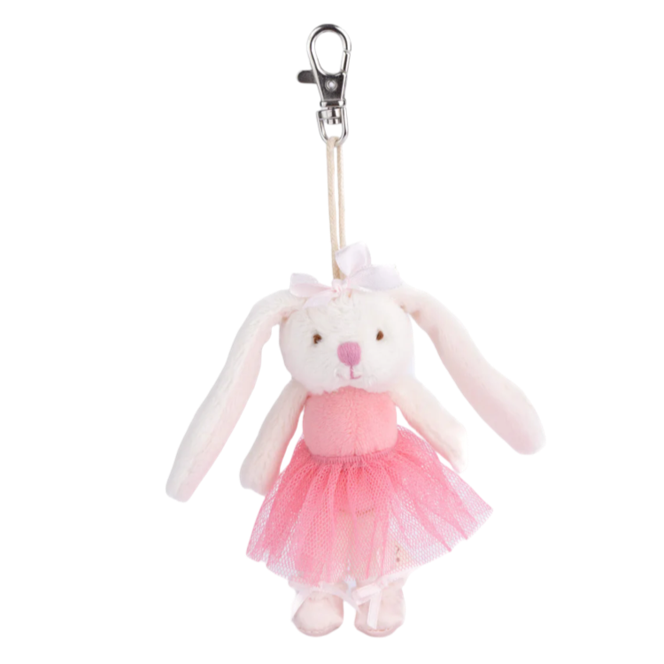Plush bunny keychain with a pink dress on a white background