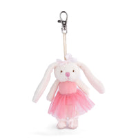 Plush bunny keychain with a pink dress on a white background