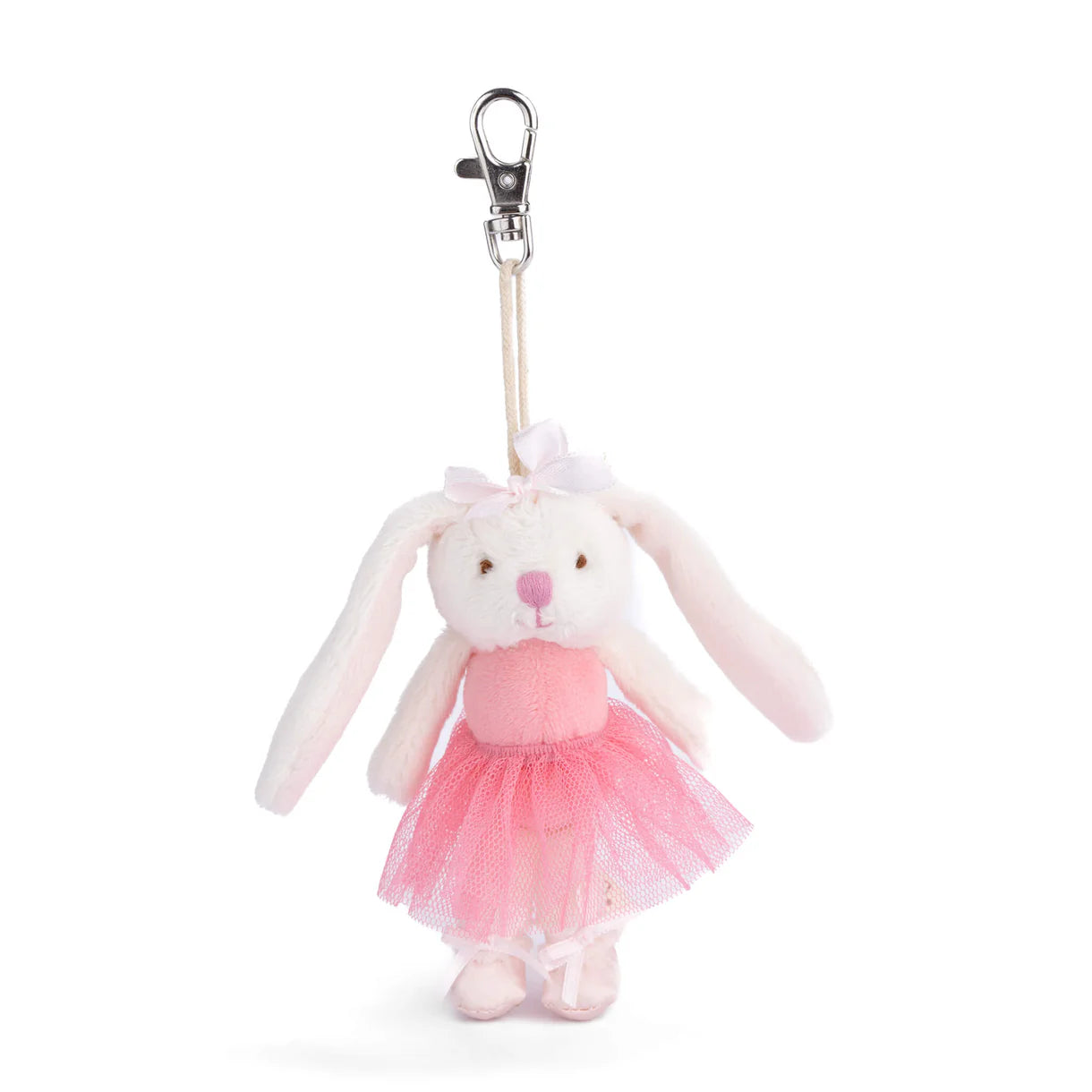 Plush bunny keychain with a pink dress on a white background