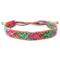 Colorful braided bracelet with geometric pattern on a white background