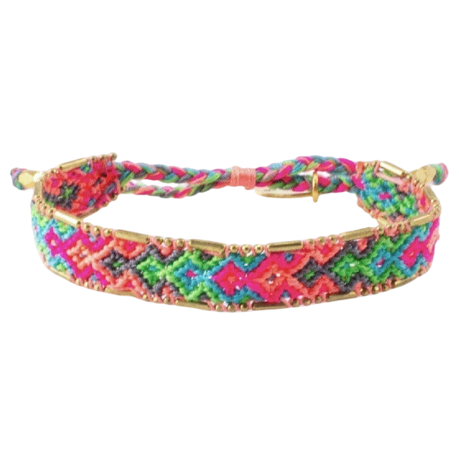 Colorful braided bracelet with geometric pattern on a white background