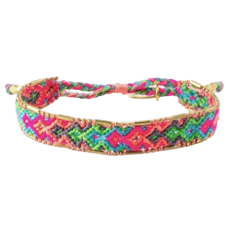 Colorful braided bracelet with geometric pattern on a white background