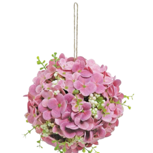 fuchsia hydrangea orb, hanging flower ball, 6 inch floral sphere, bright artificial hydrangea, garden party decor, spring floral accent, hanging floral orb decoration, bold pink flower orb, romantic home decor, faux hydrangea arrangement