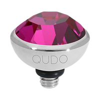 Light bulb with pink gem and 'QUDO' branding on a white background