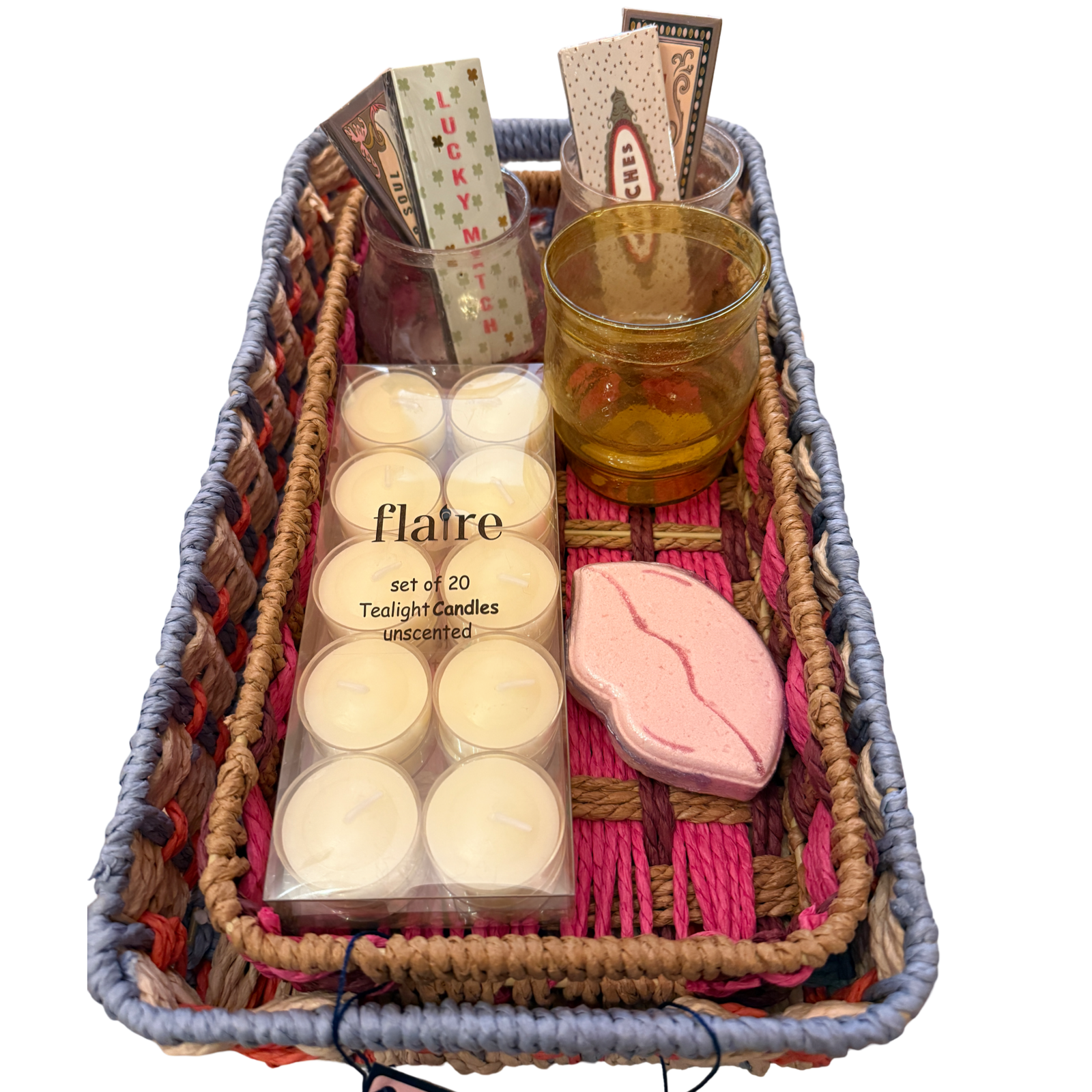 gift basket, candlelight gift set, hostess gift ideas, tealight candle set, decorative tray bundle, home styling accessories, designer matchbooks, Oh Meredith gift set, cozy home bundle, holiday home decor