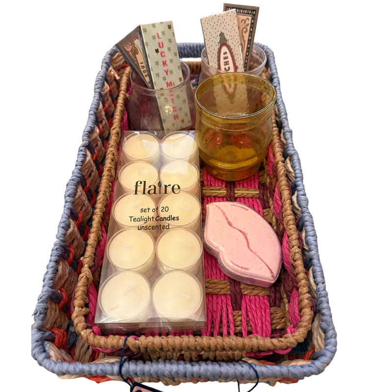 gift basket, candlelight gift set, hostess gift ideas, tealight candle set, decorative tray bundle, home styling accessories, designer matchbooks, Oh Meredith gift set, cozy home bundle, holiday home decor