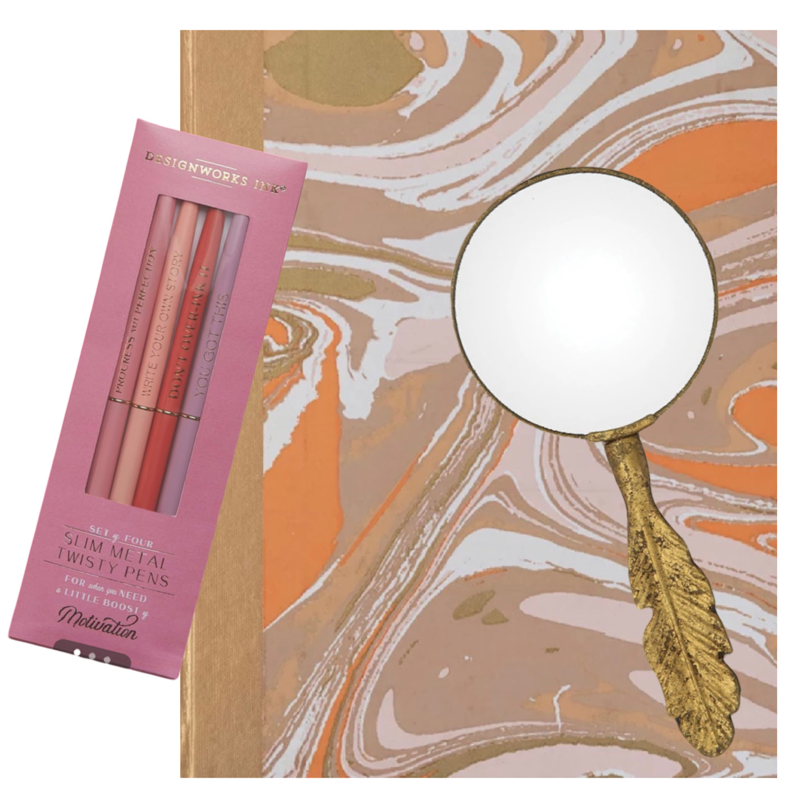 Set of lip pencils in a pink box with a decorative mirror on a marble background