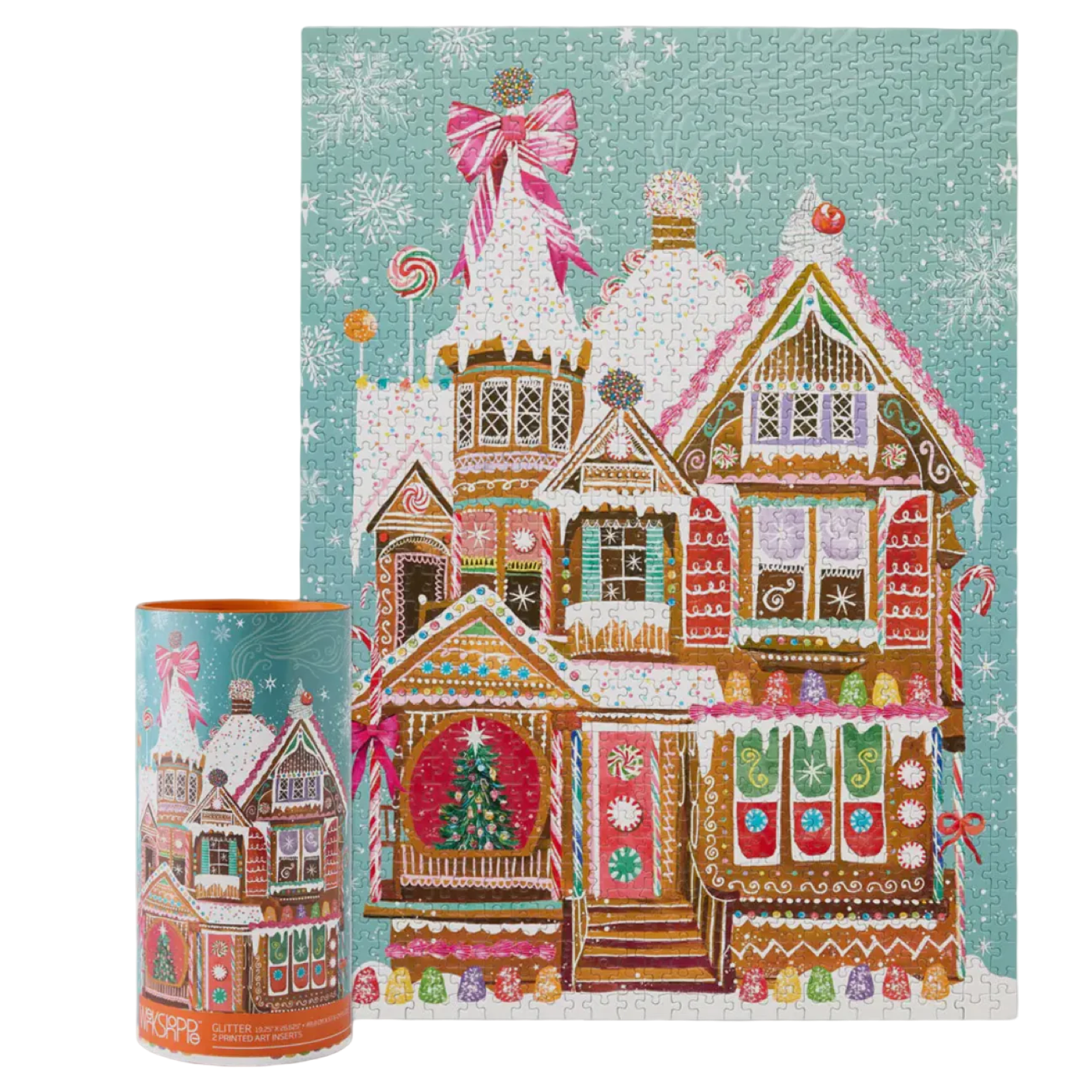 Decorative gingerbread house design on a cylindrical container with a festive background.