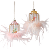 Glitterville Glass Birdcage ornaments with light pink ostrich style feathers