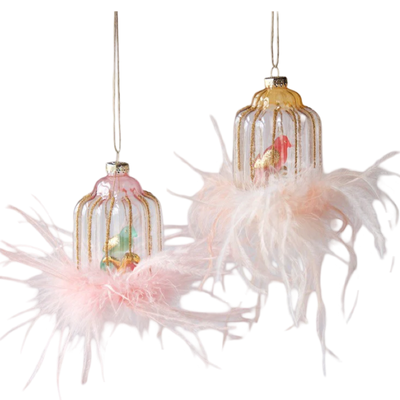 Glitterville Glass Birdcage ornaments with light pink ostrich style feathers