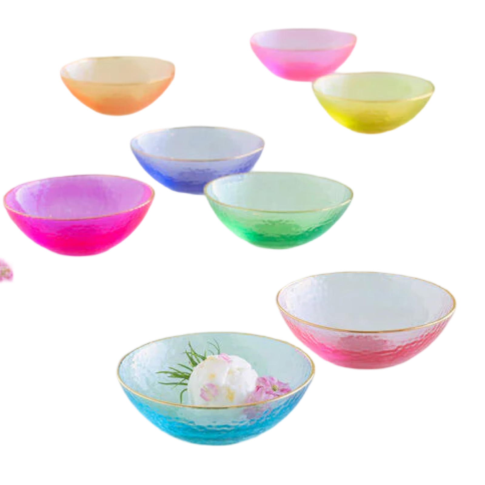 glitterville dessert bowls, rainbow glass bowls, gilded rim dessert bowls, glitterville set of 8 bowls, colorful glass dessert set, rainbow entertaining dishes, rainbow tableware, rainbow party bowls, colorful dessert bowls set, glitterville rainbow collection