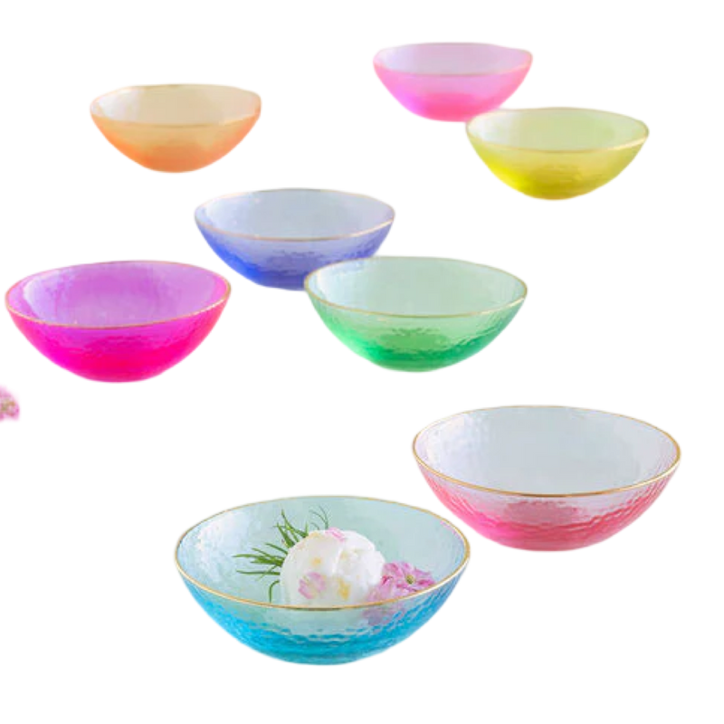 glitterville dessert bowls, rainbow glass bowls, gilded rim dessert bowls, glitterville set of 8 bowls, colorful glass dessert set, rainbow entertaining dishes, rainbow tableware, rainbow party bowls, colorful dessert bowls set, glitterville rainbow collection