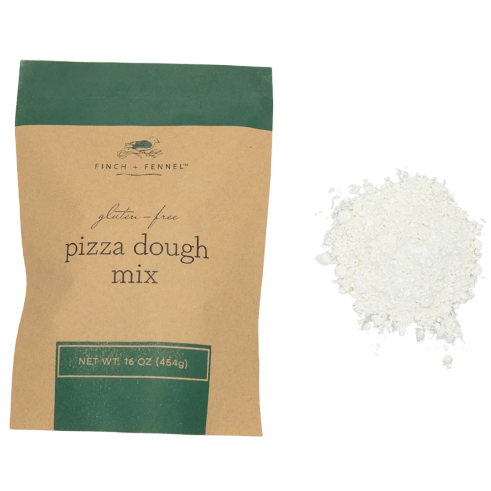 Package of Finch + Fennel gluten-free pizza dough mix on a white background